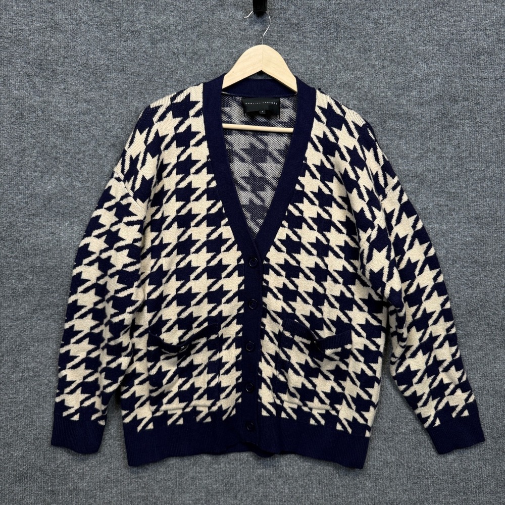 Anthropologie English Factory Size Small Cardigan Sweater Cream Navy Houndstooth